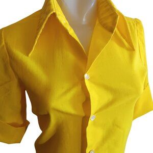 XS Vintage Yellow Button-Up Blouse 1Of1 Women's Fold-Over 3/4 Sleeves Handmade